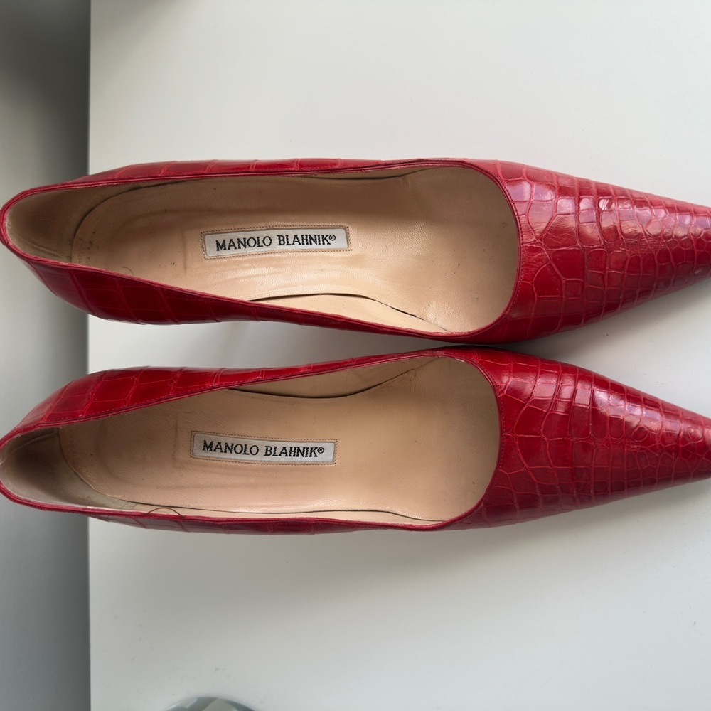 Manolo Blahnik Red Croc-Patterned Heels
